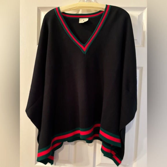 Tuckernuck Sweaters - Tuckernuck Camden Black V-Neck Poncho with Red and Green Trim O/S